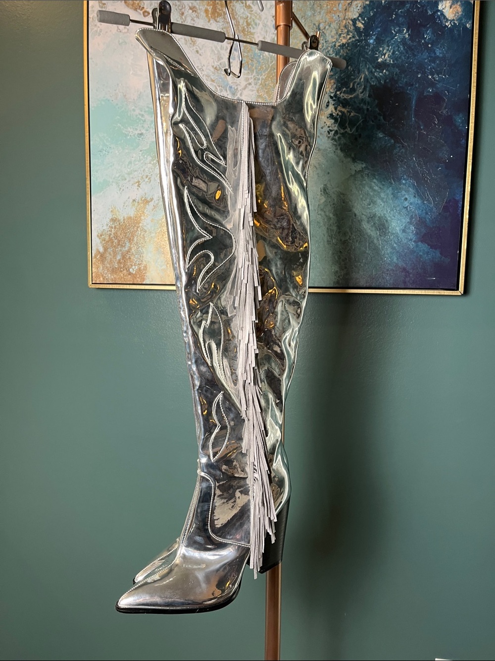 Silver Metallic Over-the-Knee Block Heel Cowgirl Boots
